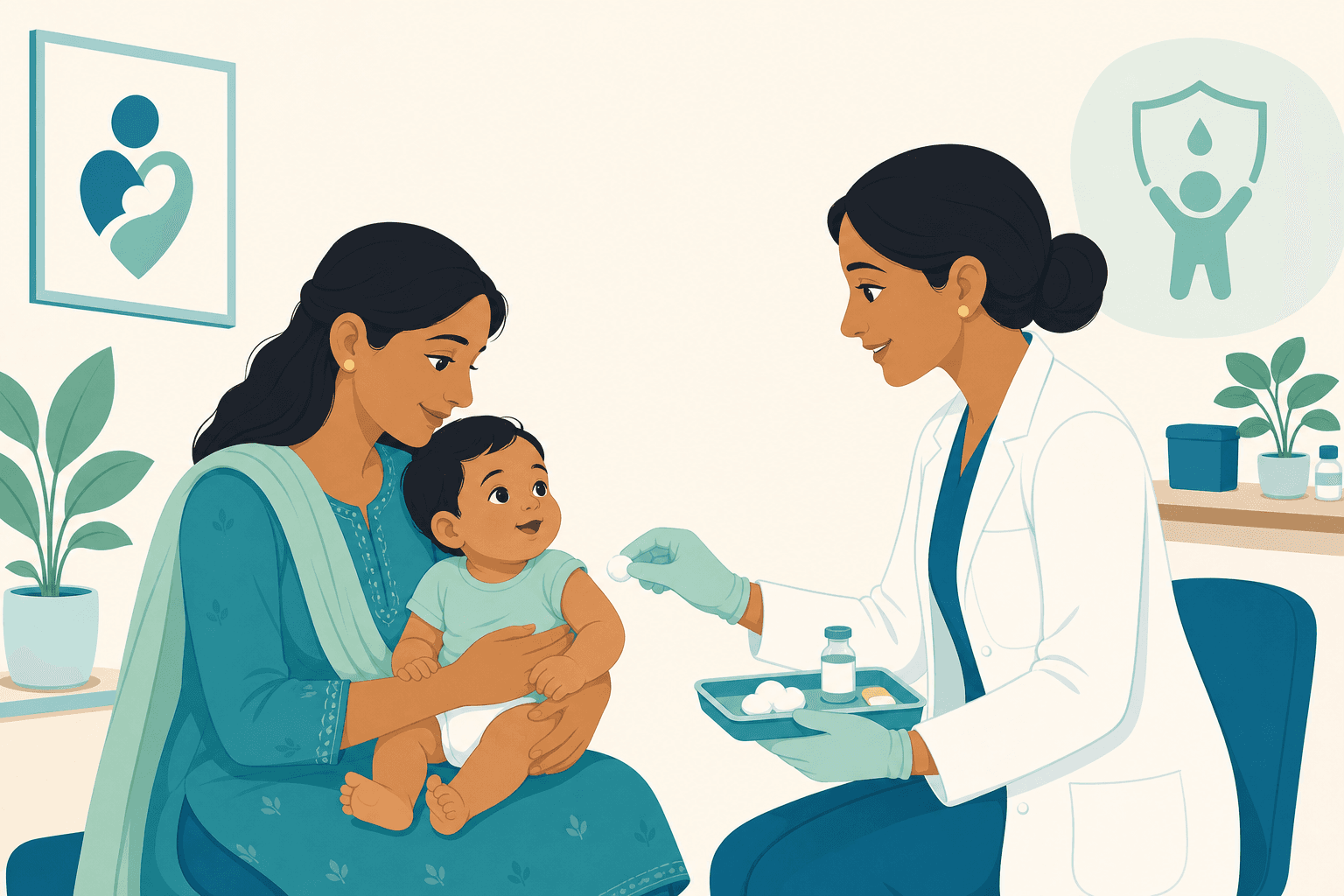 Parent and infant at a calm paediatric vaccination clinic