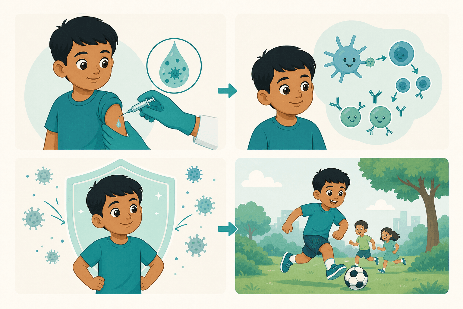 Four-panel illustration of immune training after vaccination