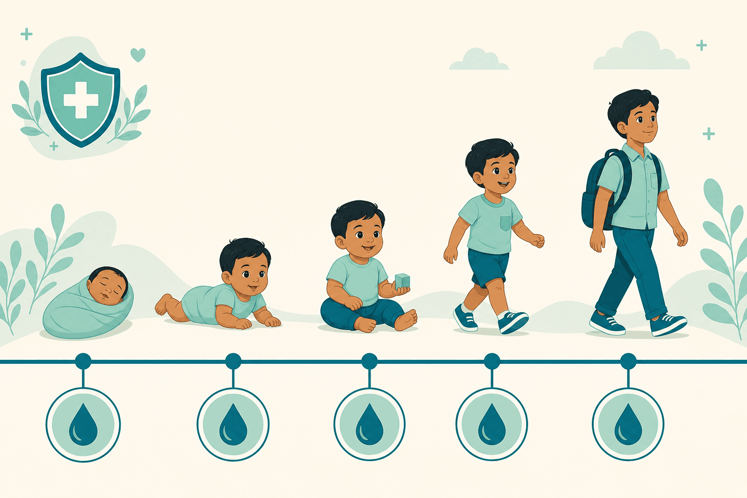 Illustrated timeline of a child growing from newborn to teen with vaccine markers