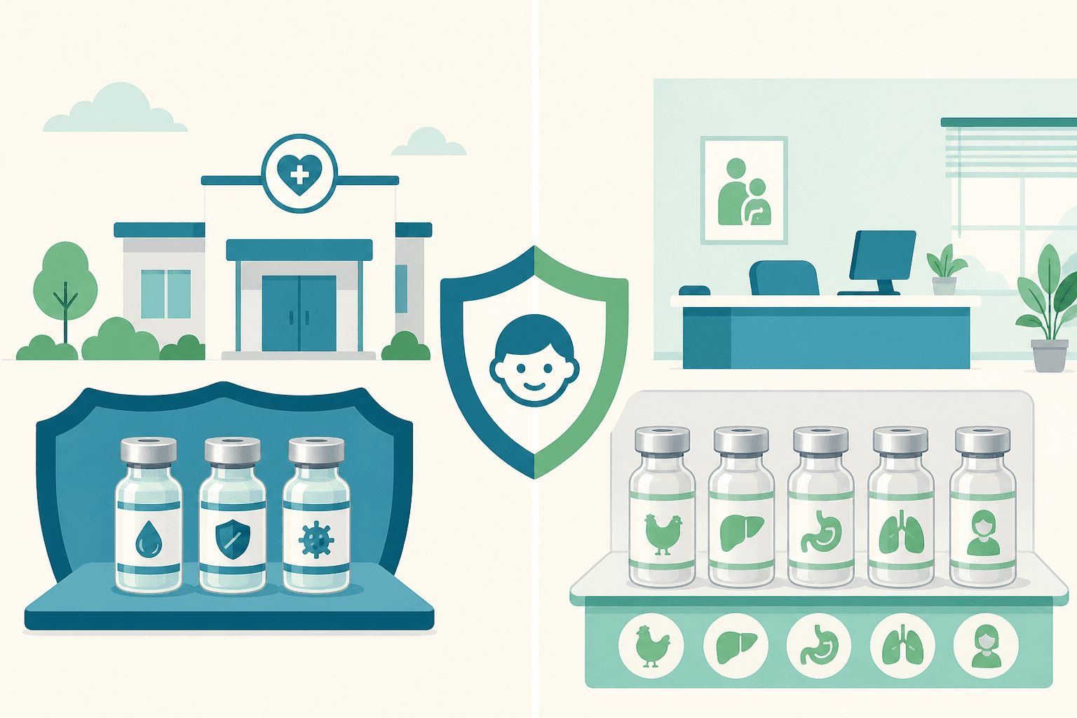 Split illustration comparing government UIP vaccines and private clinic vaccines